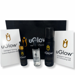 uGlow Men's Gift Set with tanning water moisturiser tan remover application mitt and exfoliating mitt in gift bag