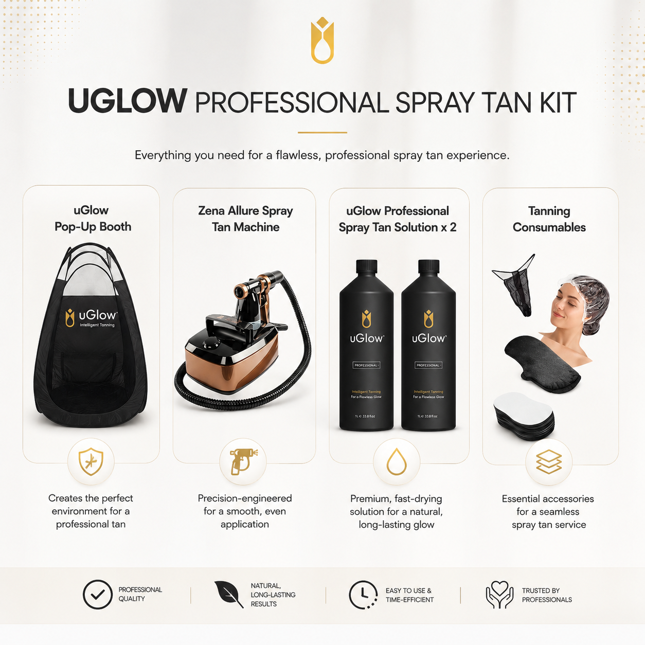 uGlow professional spray tanning kit including branded booth, tanning solutions and equipment