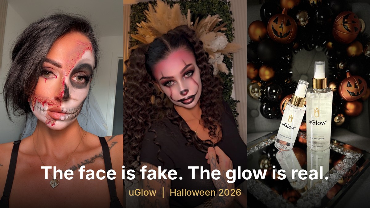 Siobhan in two Halloween makeup looks, a half skeleton and a glam clown, next to uGlow Clear Tanning Water bottles in a Halloween setting
